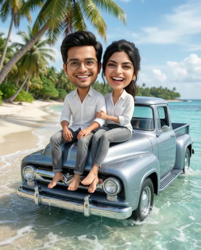 3D Caricature Bobblehead Couple on Vintage Beach Truck