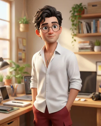 3D Stylized Cartoon Character in a Cozy Creative Workspace