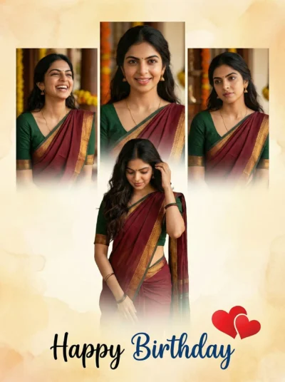 Birthday Photo Collage Card with Traditional Saree Portraits