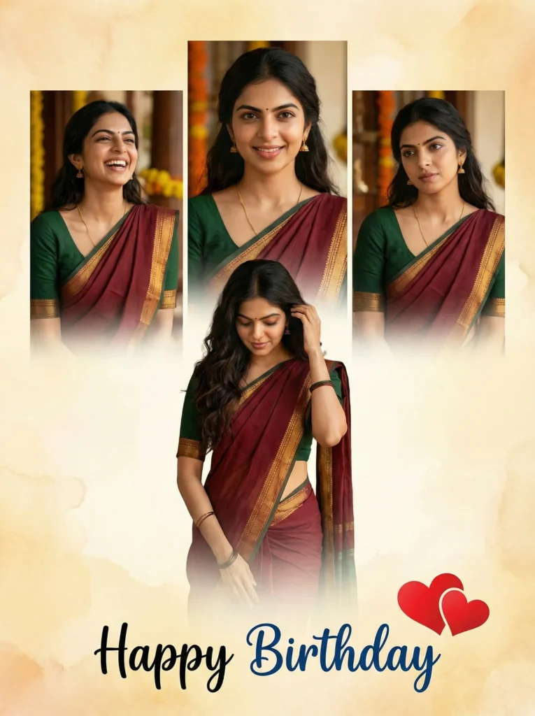 Birthday Photo Collage Card with Traditional Saree Portraits