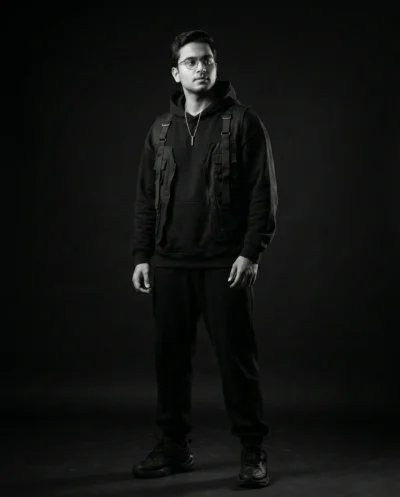 Cinematic Black and White Portrait in Hip-Hop Streetwear