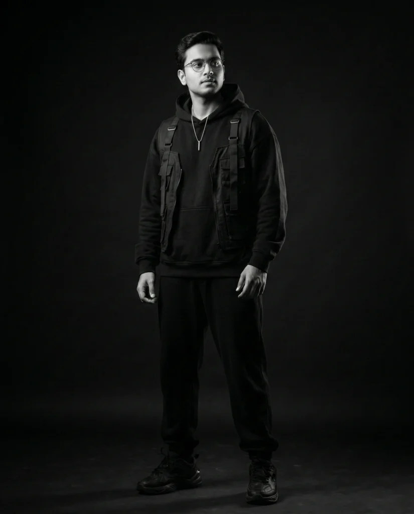 Cinematic Black and White Portrait in Hip-Hop Streetwear