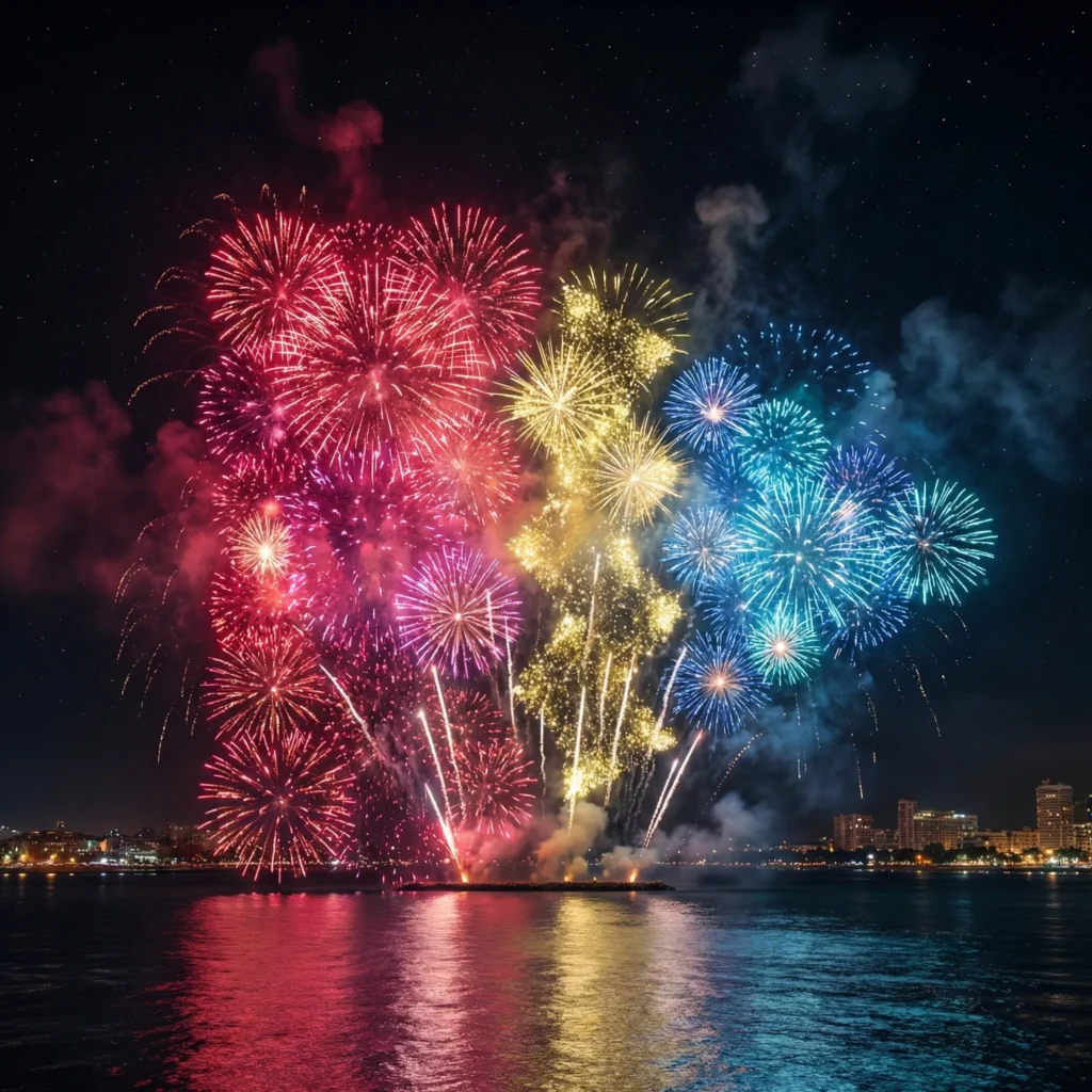 Cinematic Fireworks Logo Over Coastal Night City