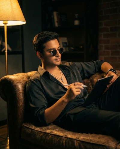 Cinematic Low-light Stylish Portrait on Vintage Leather Couch