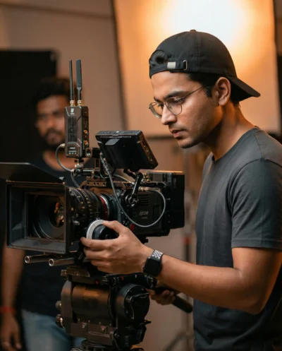 Cinematic Studio Portrait of a Focused Filmmaker