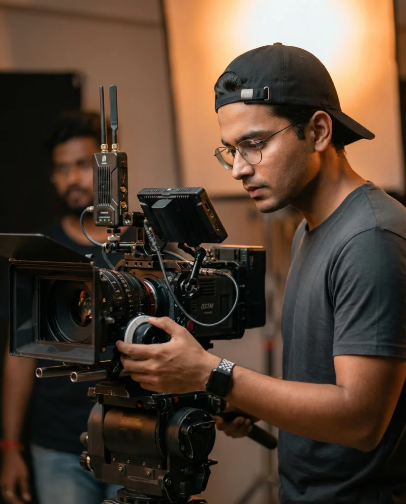 Cinematic Studio Portrait of a Focused Filmmaker