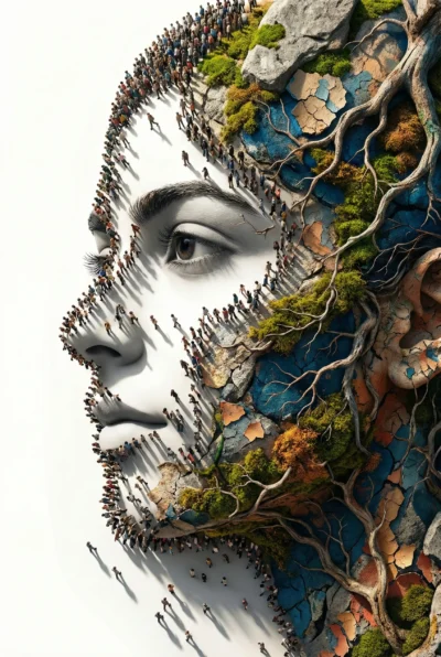 Conceptual Face Made of People in Surreal Organic Dissolution