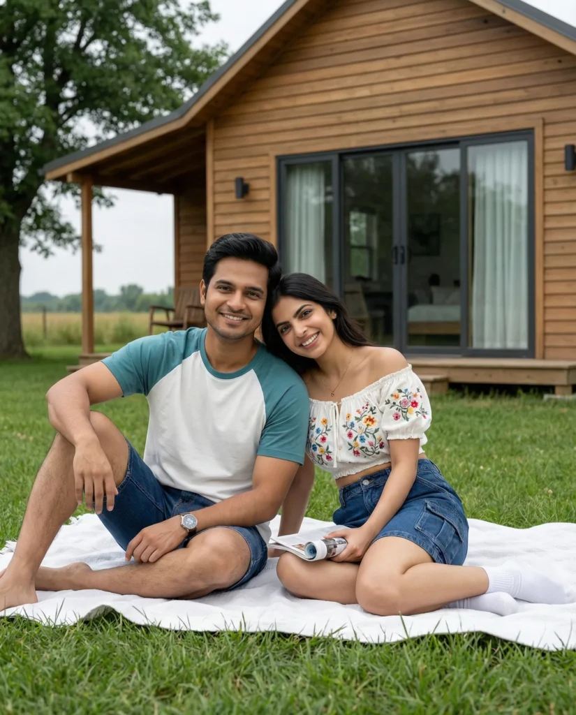 Countryside Picnic Couple Photo in Front of Modern Wooden Cabin