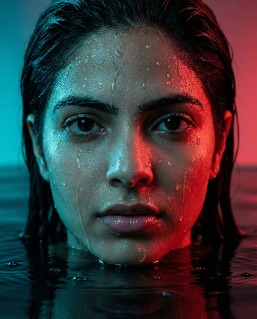 Cyberpunk Neon Close Up Portrait with Split Teal and Red Lighting