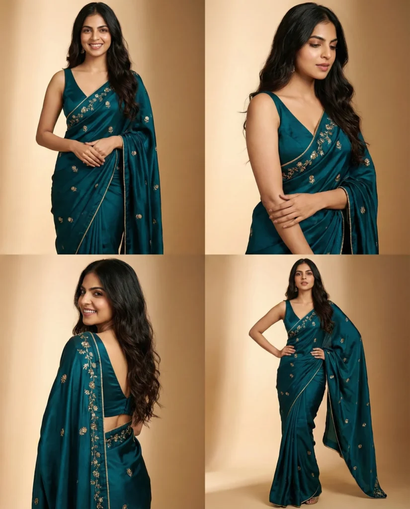 DSLR Saree Collage of Elegant Teal Satin Look (Gemini Prompt)