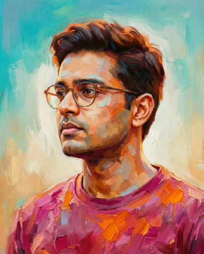 Digital Impasto Portrait with Teal and Orange Painterly Background