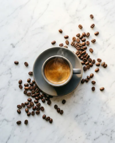 Espresso Flat Lay on Marble in Calm Café Light