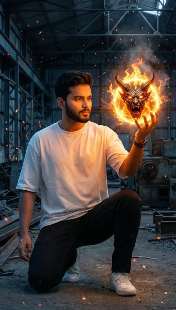 Fiery Demon Orb Fantasy Artwork in Abandoned Warehouse