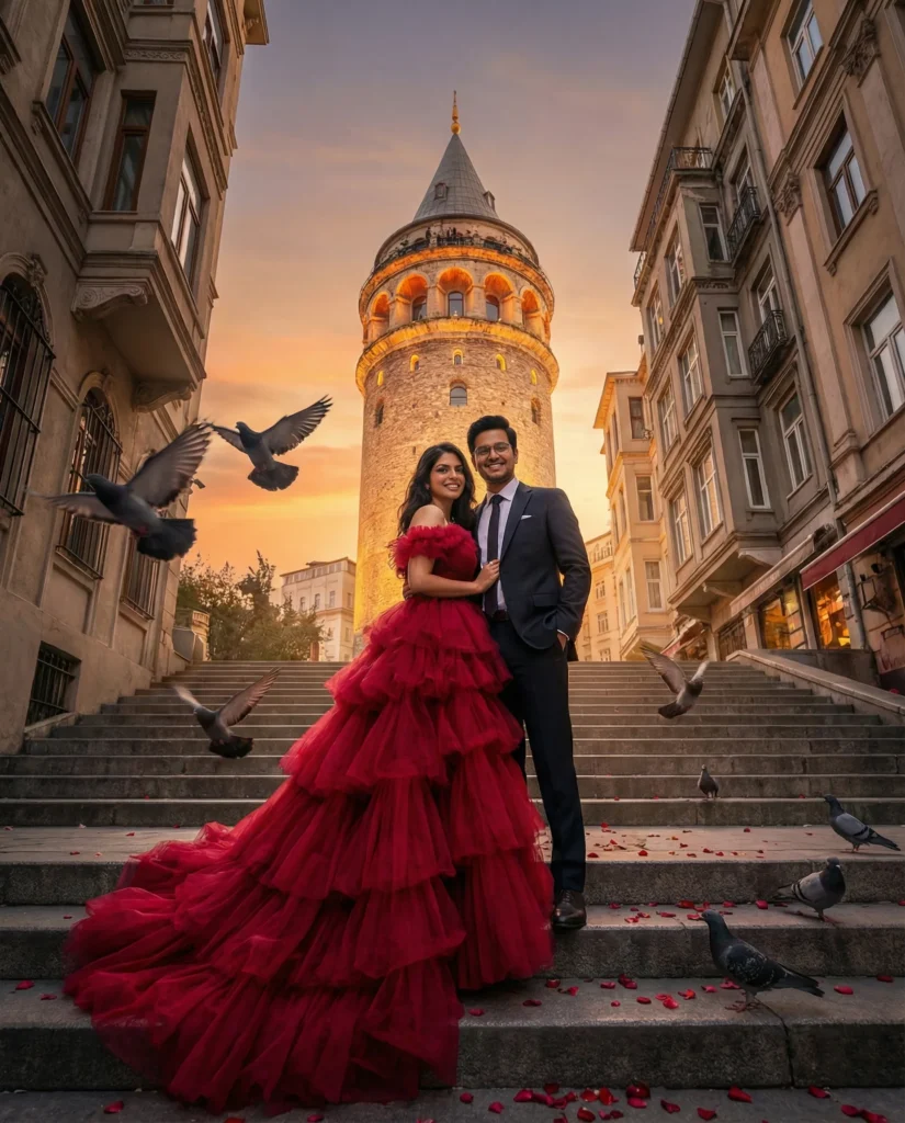 Galata Tower Couple Portrait on Grand Sunset Staircase