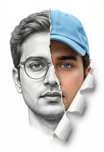 Graphite Mixed Media Portrait with Dramatic Torn Paper Reveal