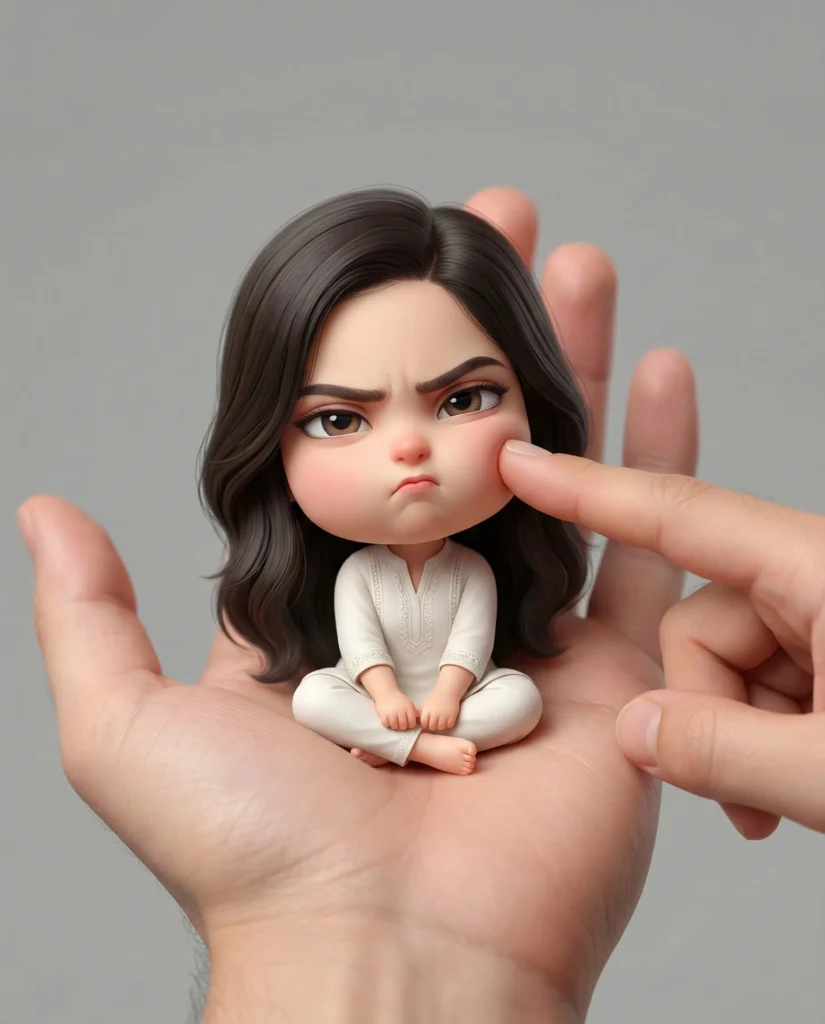 Grumpy Chibi Character Illustration on Realistic Hand