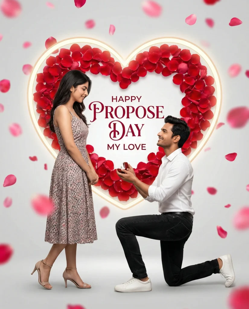 Happy Propose Day Composition with Romantic Couple and Rose Heart