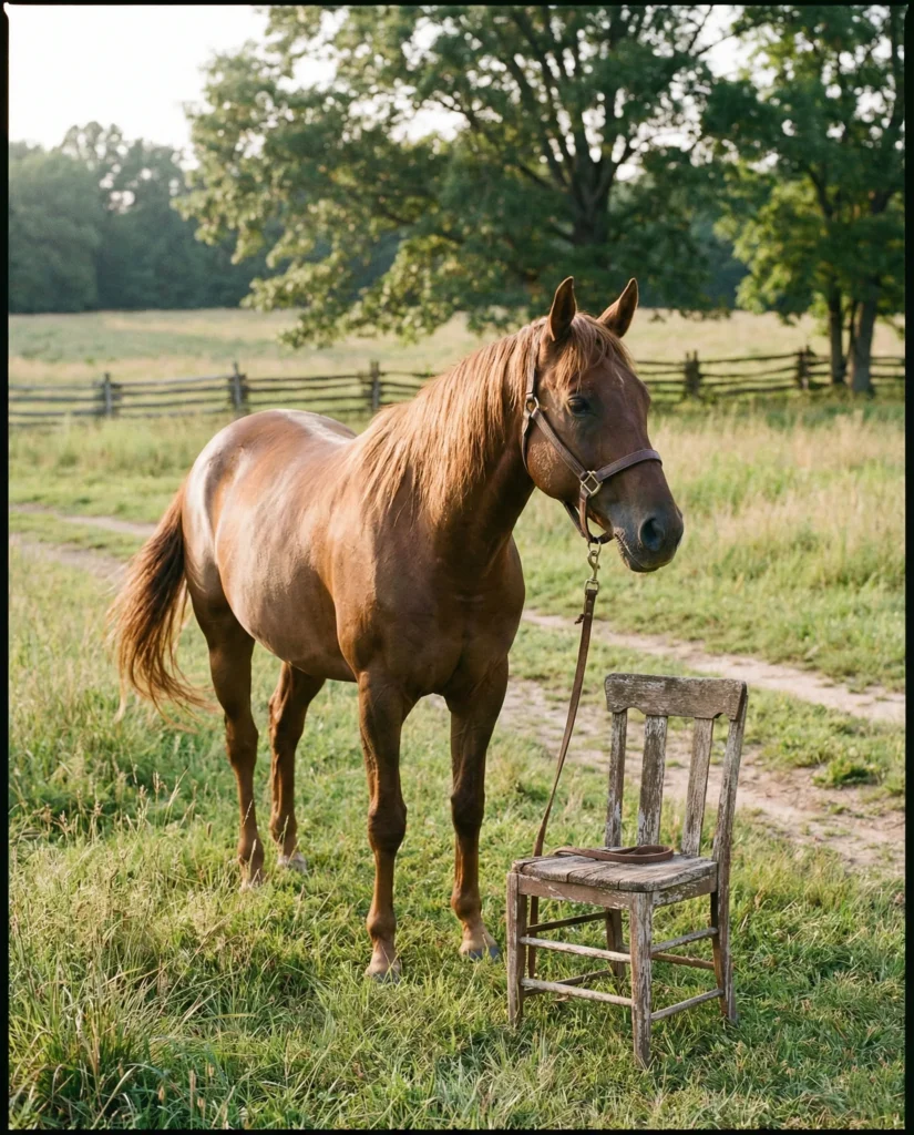 Horse Tied to Chair Image in Peaceful Pastoral Light