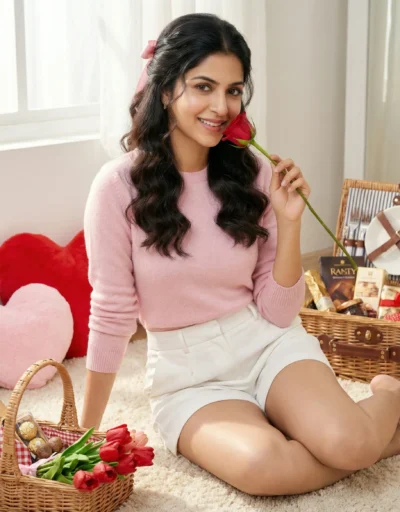 Indoor Picnic Portrait with Hearts, Tulips, and Soft Window Light