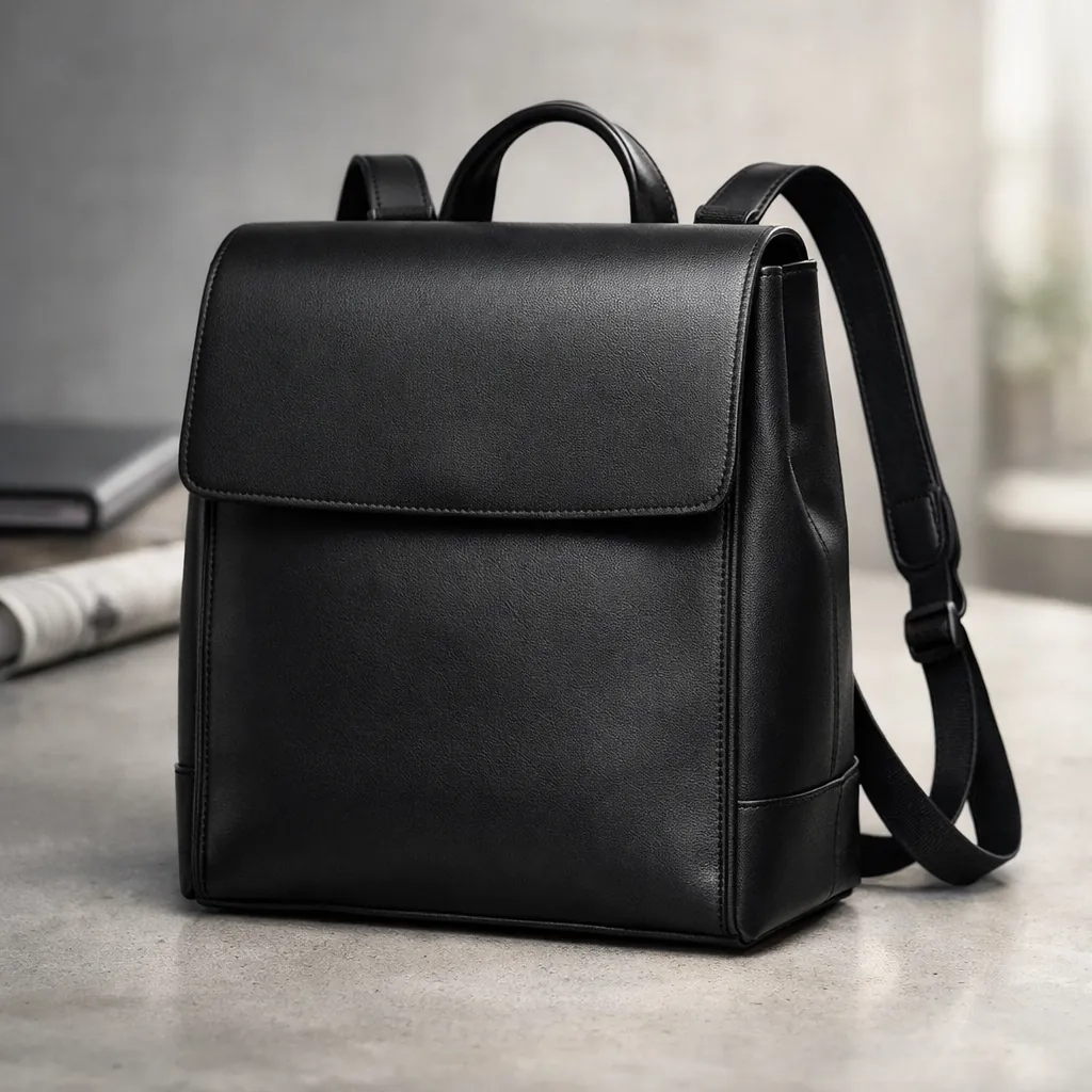 Minimalist Black Leather Backpack in Sleek Boxy Design