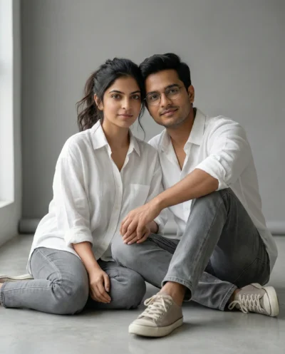 Minimalist Studio Couple Portrait with Matching Dress