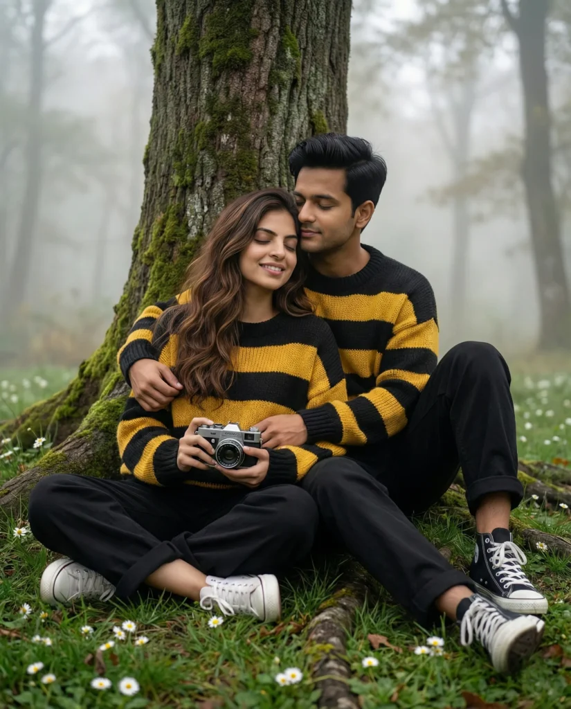 Misty Forest Couple Photo in Cozy Knit Sweaters