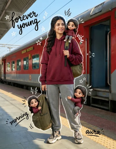 Mixed Media Teen Streetwear Portrait with Chibi Self and Train