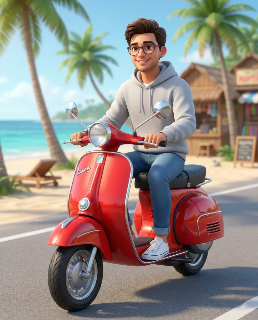 Pixar Style 3D Scooter Illustration on Tropical Beach Road