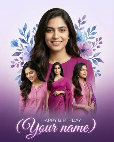 Purple Birthday Photo Collage with Elegant Floral Portraits