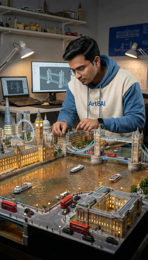 Realistic Architectural Diorama of Central London in Blue Hour Studio