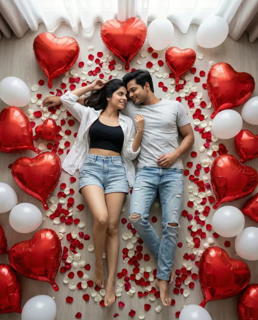 Romantic Balloon Couple Portrait on Wooden Floor