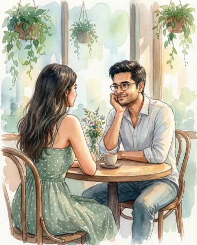 Romantic Watercolor Cafe Illustration of Husband and Wife