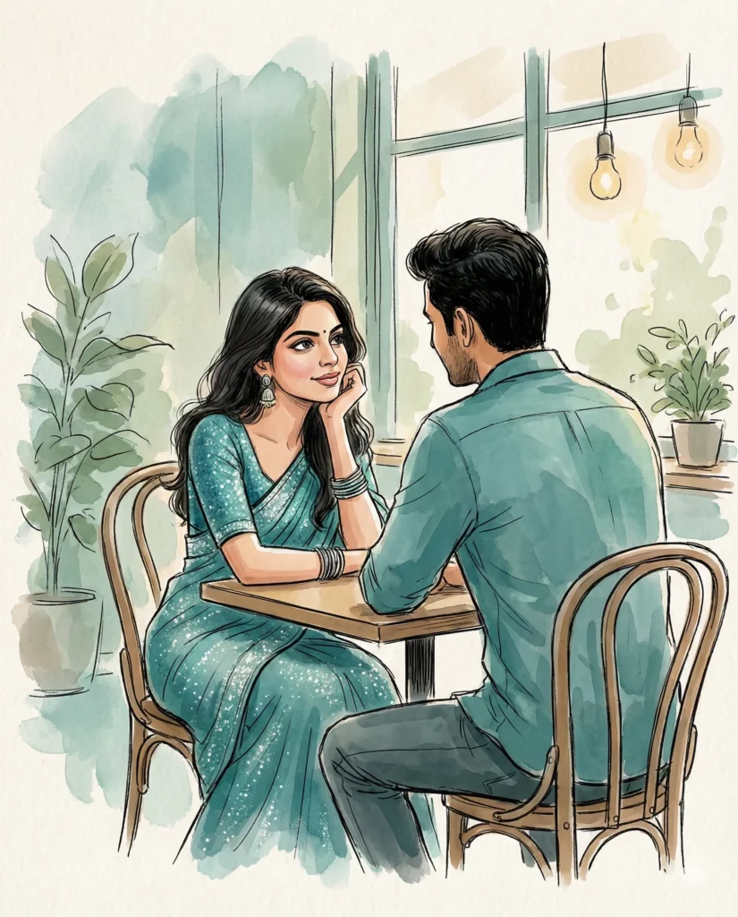 Romantic Watercolor Couple Illustration in Teal Café Scene