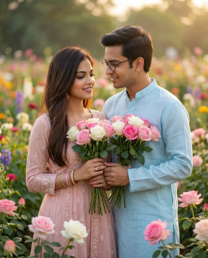 Ultra Realistic Indian Couple Portrait in Flower Field with Pastel Outfits