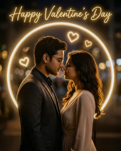 Valentines Day Couple Portrait with Glowing Neon Ring