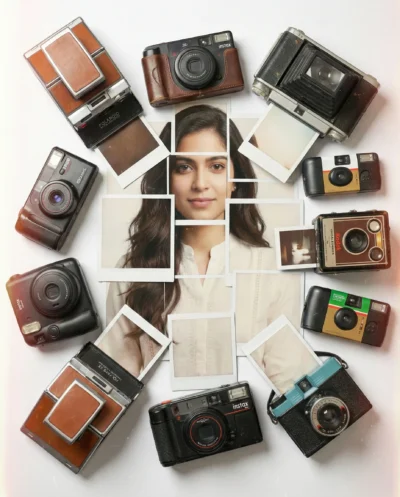 Vintage Camera Flat Lay with Analog Mosaic Portrait