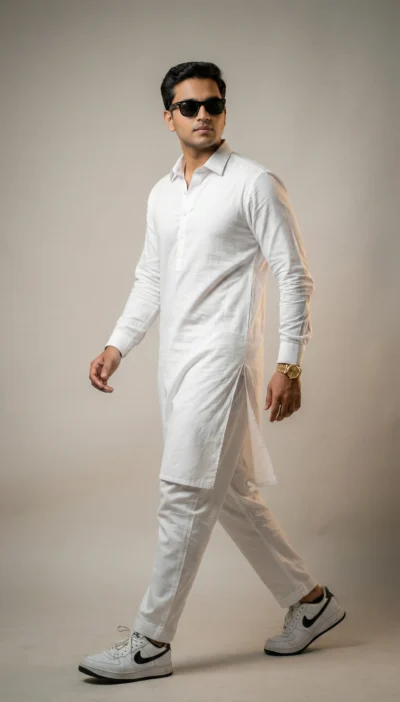 Walking Pose Editorial Portrait in White Salwar Kameez