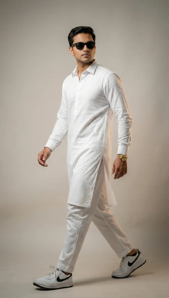Walking Pose Editorial Portrait in White Salwar Kameez