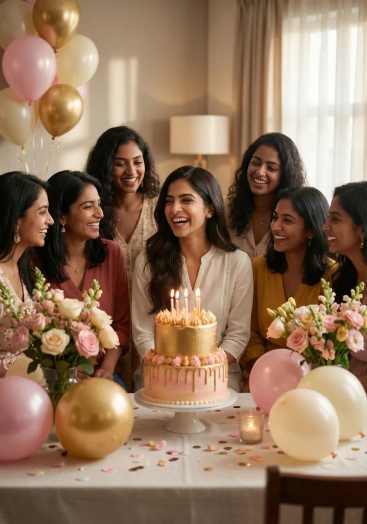 Women Birthday Party Photo in Warm Living Room Celebration