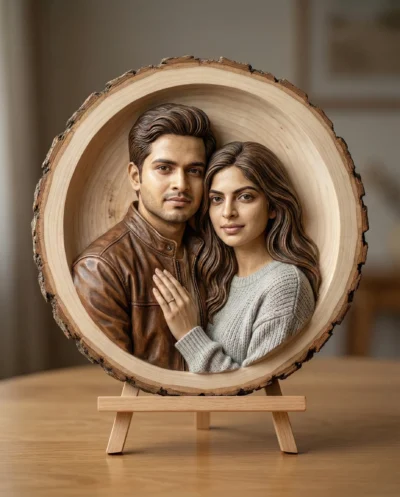 Wood Carving Couple Portrait on Birch Log Bas-Relief