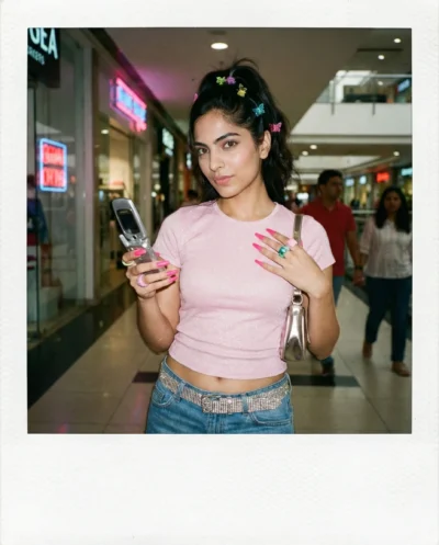 Y2K Mall Polaroid Photo with Glitter Tee and Flip Phone
