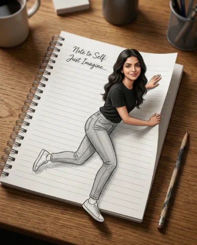AI-generated image:  2D to 3D Illusion Artwork of Girl Stepping Out of Notebook