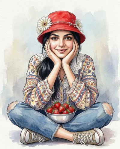 AI-generated image: Boho Girl Portrait AI Art Prompt – Mixed Media Illustration Style