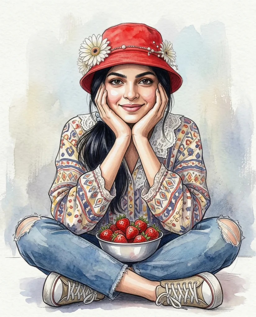 Boho Girl Portrait AI Art Prompt – Mixed Media Illustration Style