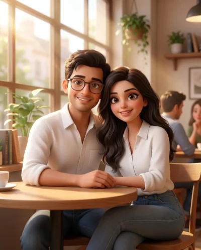 AI-generated image: Cozy Café Pixar Couple Prompt with Warm Cinematic 3D Style