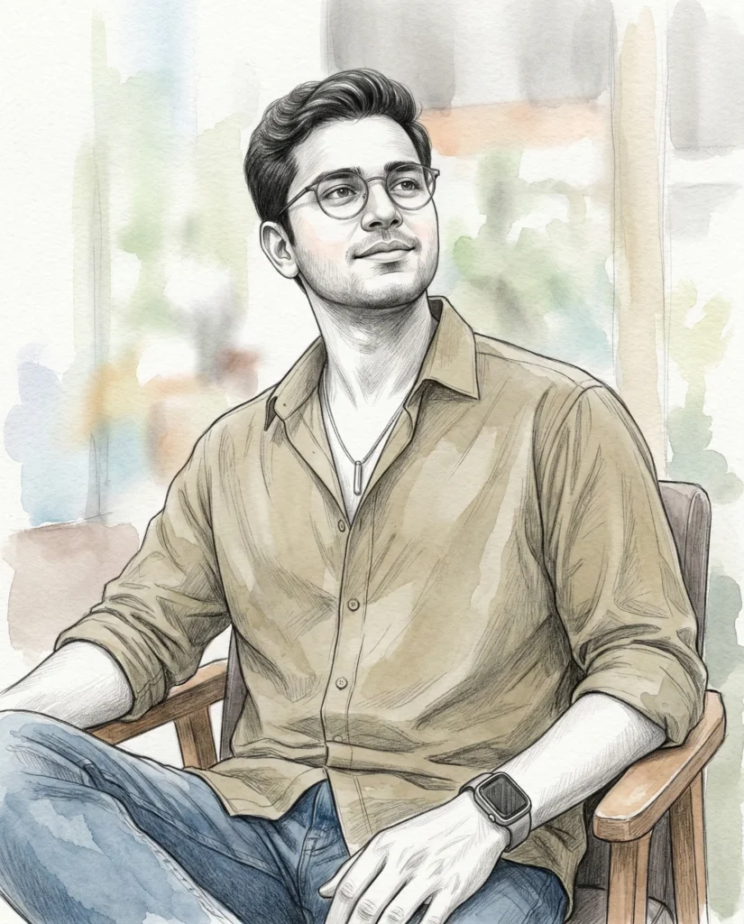 Cozy Café Watercolor Pencil Portrait of a Relaxed Young Man