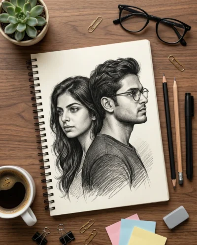 Creative Workspace Flat Lay with Ultra-Realistic Charcoal Portrait