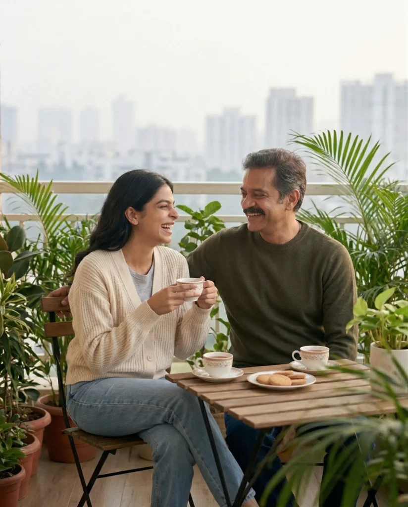 Father and Daughter Sharing Morning Tea on a Quiet Balcony