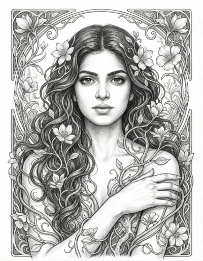 AI-generated image: Graphite Illustration Prompt of an Ethereal Botanical Woman