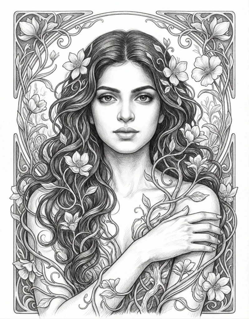 Graphite Illustration Prompt of an Ethereal Botanical Woman